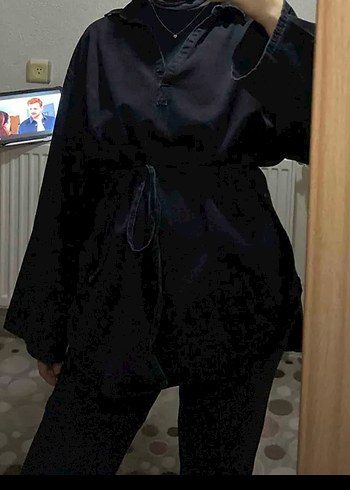 Kadın Siyah Belden Bağlamalı Denim Tunik - Görsel 3