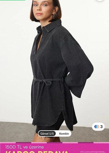 Kadın Siyah Belden Bağlamalı Denim Tunik - Görsel 2