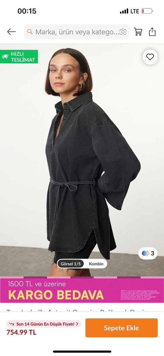 Kadın Siyah Belden Bağlamalı Denim Tunik - Görsel 2