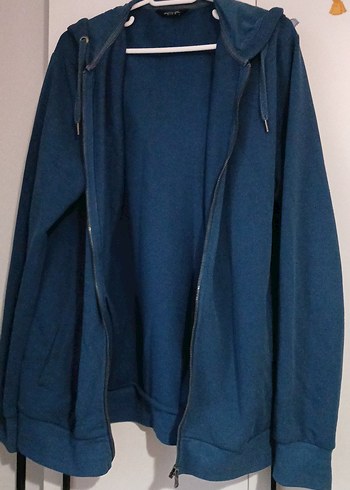 Erkek Mavi Fermuarlı Kapüşonlu Sweatshirt