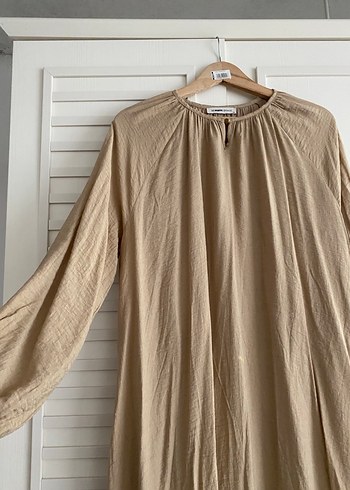 Bej Uzun Kollu Keten Kadın Elbise - Görsel 3