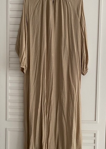 Bej Uzun Kollu Keten Kadın Elbise - Görsel 5