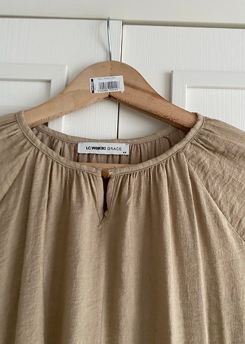 Bej Uzun Kollu Keten Kadın Elbise - Görsel 2