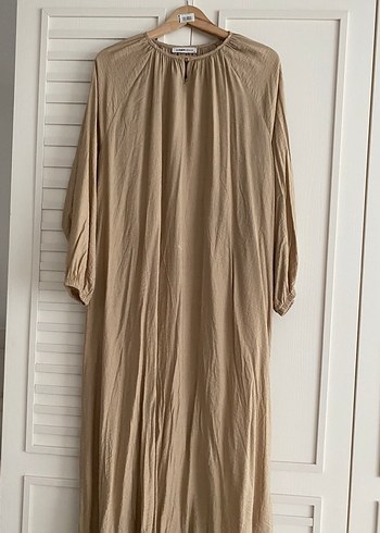 Bej Uzun Kollu Keten Kadın Elbise - Görsel 4