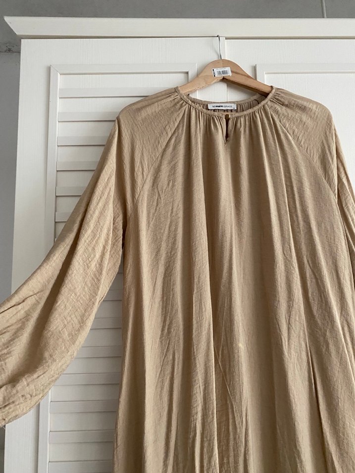Bej Uzun Kollu Keten Kadın Elbise - Görsel 3