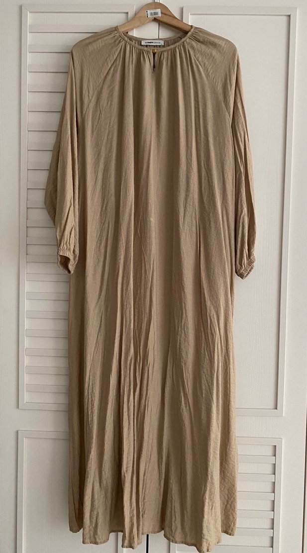 Bej Uzun Kollu Keten Kadın Elbise - Görsel 5