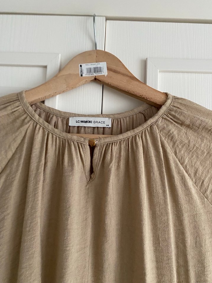 Bej Uzun Kollu Keten Kadın Elbise - Görsel 2