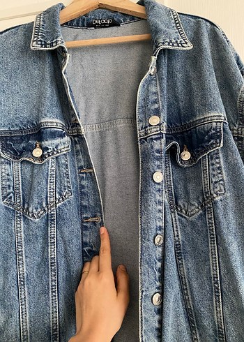 Düğmeli Mavi Oversize Kadın Denim Ceket - Görsel 4