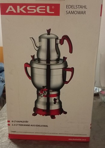 Aksel Kırmızı Kulplu Paslanmaz Çelik Semaver ve Çaydanlık