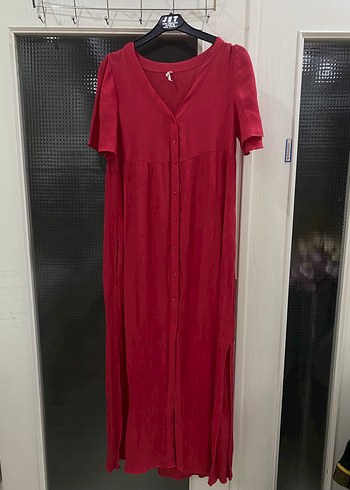 MANGO Kırmızı V Yakalı Uzun Salaş Elbise