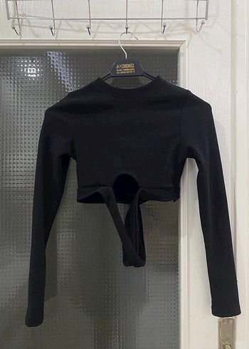 s Beden siyah Renk Siyah Bel Detaylı Uzun Kollu Crop Top