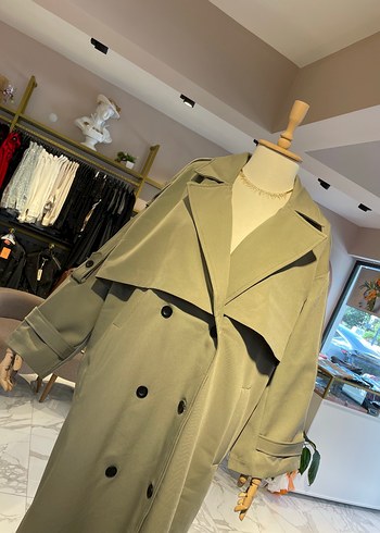 Diğer Haki Oversize Uzun Kadın Trençkot Düğmeli