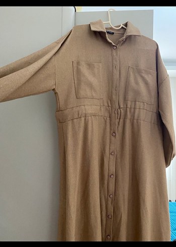 Düğmeli Bej Uzun Keten Elbise - Görsel 2