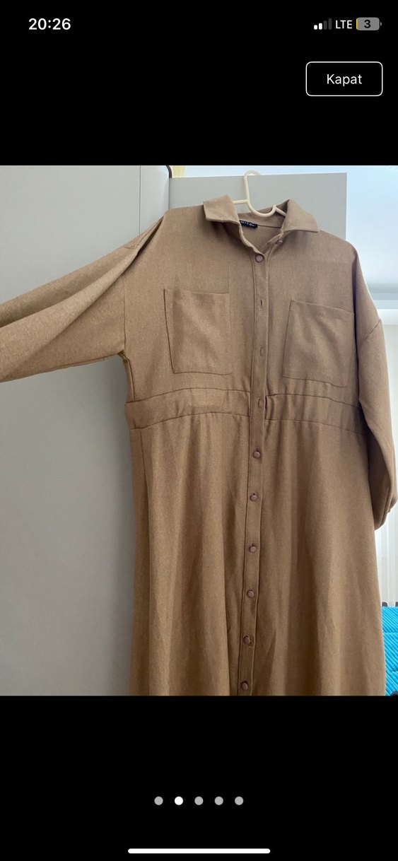 Düğmeli Bej Uzun Keten Elbise - Görsel 2
