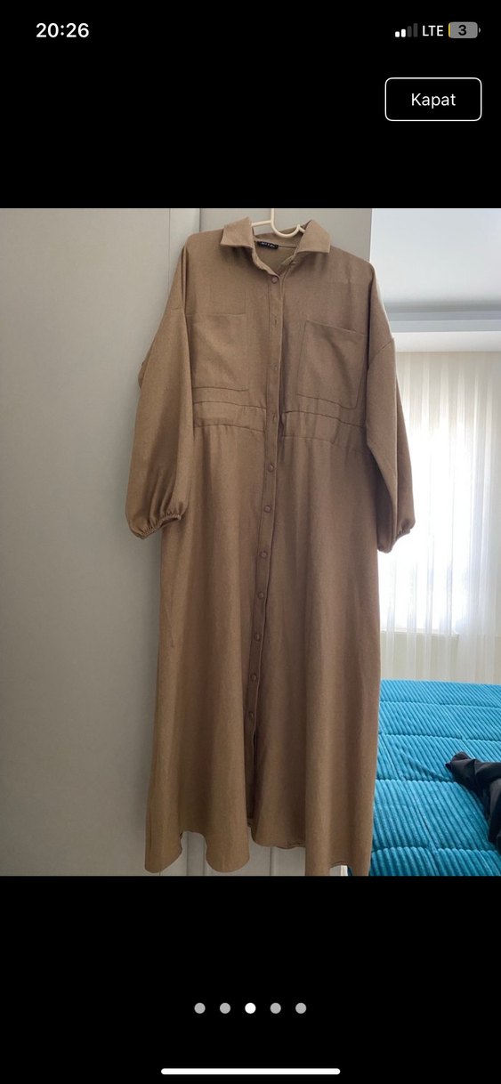 Düğmeli Bej Uzun Keten Elbise - Görsel 3