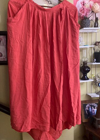 Kırmızı Uzun Salaş  Keten Etek - Görsel 2