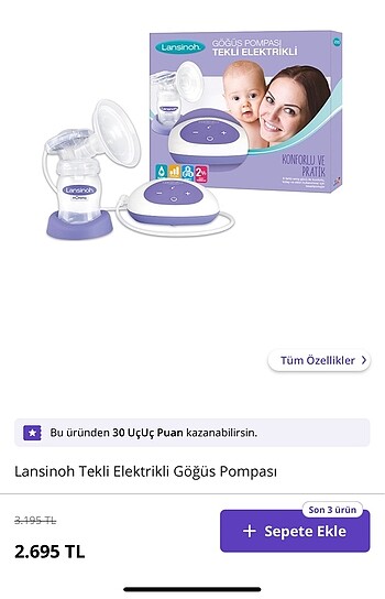 Lansinoh elektrikli süt sağma makinesi