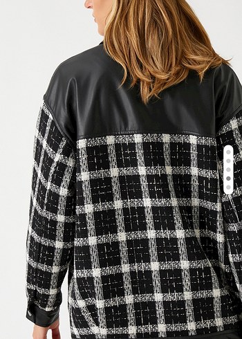 Düğmeli Siyah Gri Kareli Midi Ceket - Görsel 3