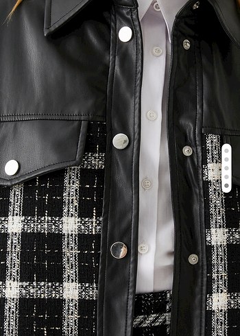 Düğmeli Siyah Gri Kareli Midi Ceket - Görsel 4