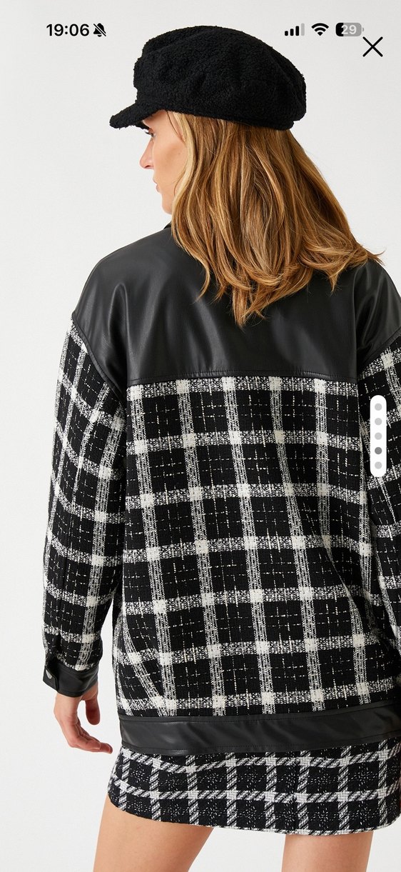 Düğmeli Siyah Gri Kareli Midi Ceket - Görsel 3