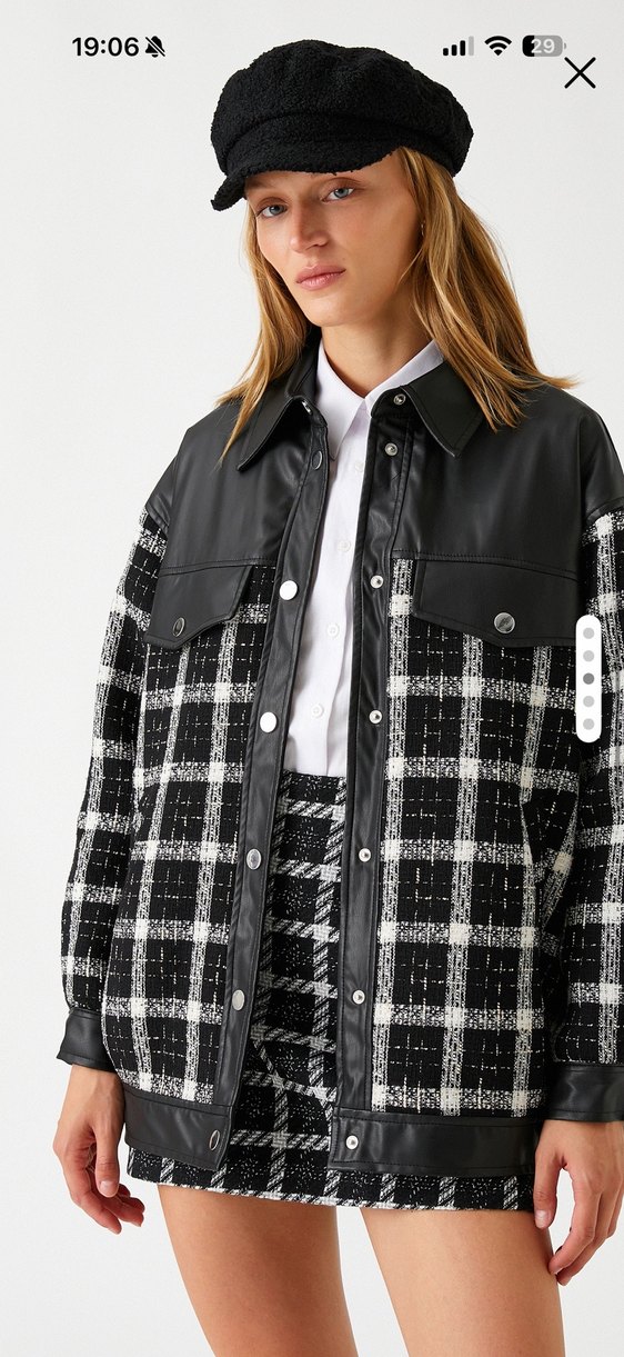 Düğmeli Siyah Gri Kareli Midi Ceket - Görsel 2