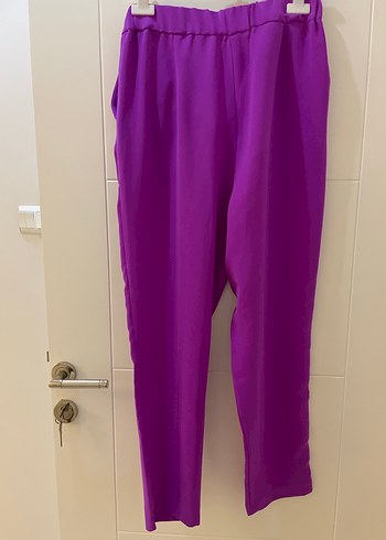 Kadın Mor Midi Düğmeli Saten Pantolon - Görsel 3