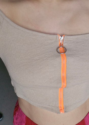 Bej Straplez Crop Top Fermuarlı - Görsel 2