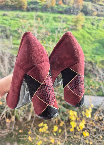 Bordo Süet Tokalı Kadın Topuklu Ayakkabı - Görsel 9