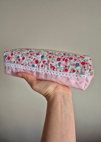 Dantel Detaylı Pembe Çiçekli Makyaj Çantası - Görsel 2