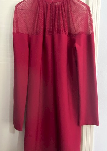 Bordo Uzun Kollu Yüksek Yakalı Kadın Abiye Elbise - Görsel 2