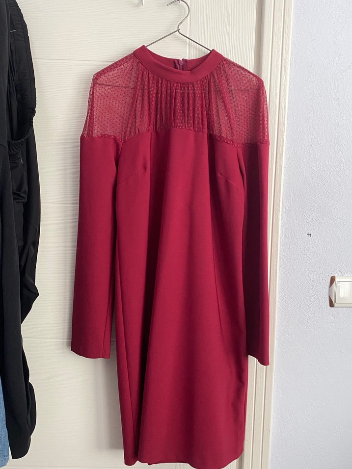 Bordo Uzun Kollu Yüksek Yakalı Kadın Abiye Elbise - Görsel 3