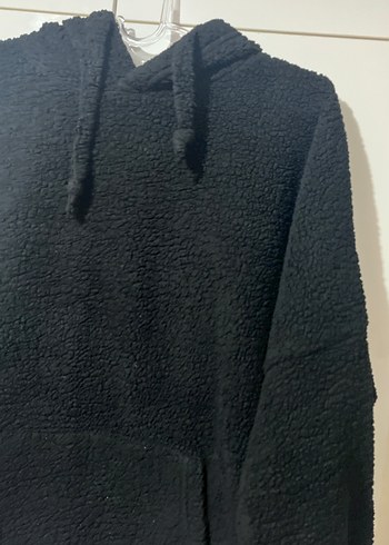 Siyah Peluş Kapüşonlu Rahat Sweatshirt - Görsel 2