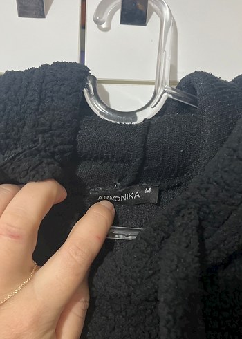 Siyah Peluş Kapüşonlu Rahat Sweatshirt - Görsel 3