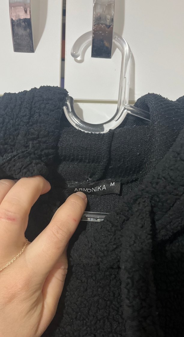 Siyah Peluş Kapüşonlu Rahat Sweatshirt - Görsel 3