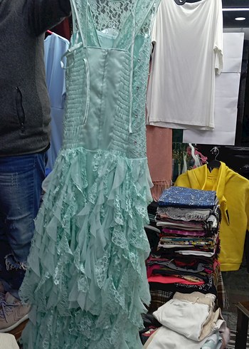 Turkuaz Straplez Fırfırlı Uzun Abiye Elbise - Görsel 5