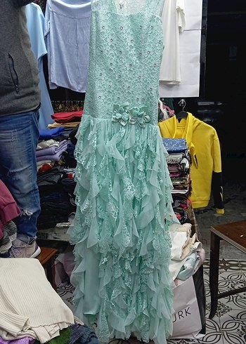 Turkuaz Straplez Fırfırlı Uzun Abiye Elbise - Görsel 3