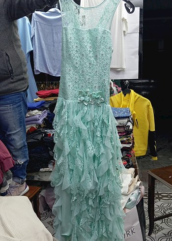 Turkuaz Straplez Fırfırlı Uzun Abiye Elbise - Görsel 4