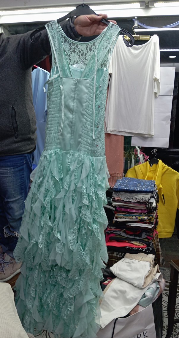 Turkuaz Straplez Fırfırlı Uzun Abiye Elbise - Görsel 5