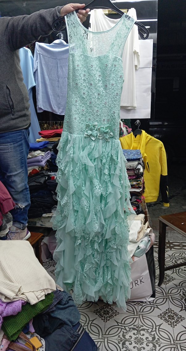 Turkuaz Straplez Fırfırlı Uzun Abiye Elbise - Görsel 3