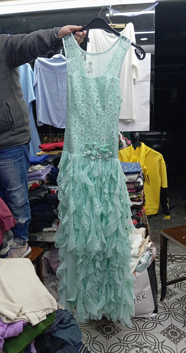 Turkuaz Straplez Fırfırlı Uzun Abiye Elbise - Görsel 4