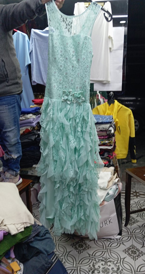 Turkuaz Straplez Fırfırlı Uzun Abiye Elbise - Görsel 2