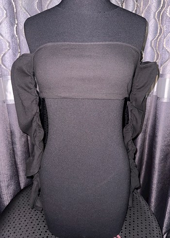 Gri Straplez Uzun Kollu Kemerli Triko Elbise - Görsel 3