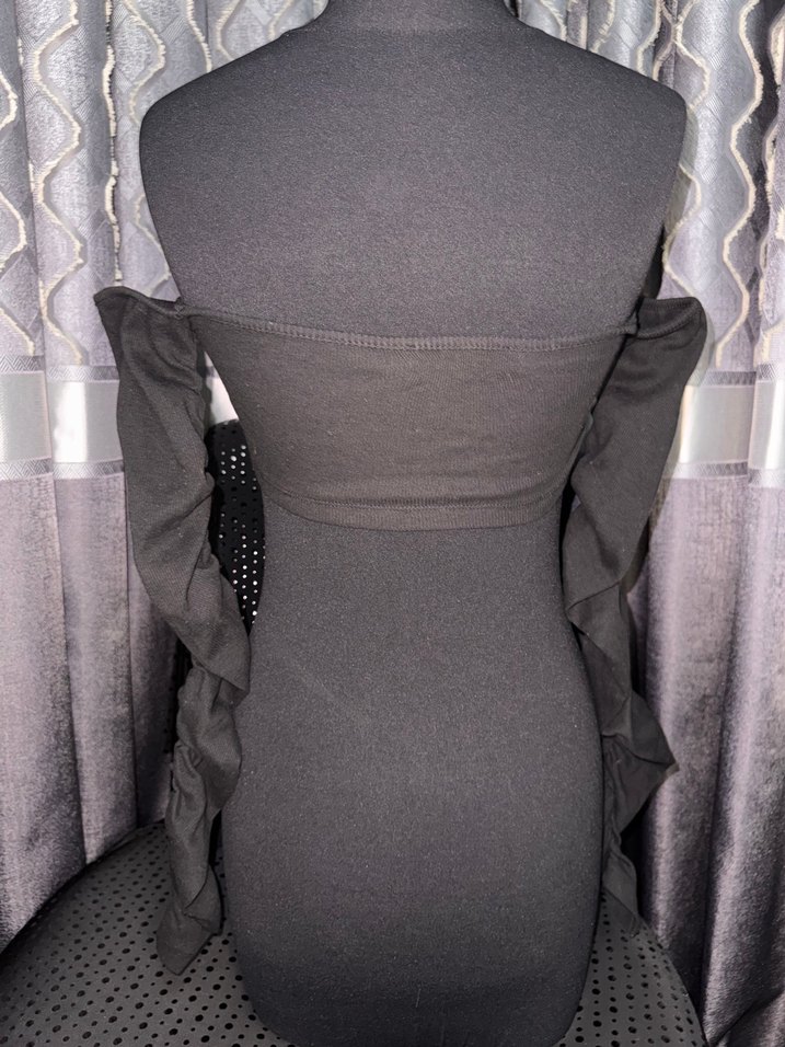 Gri Straplez Uzun Kollu Kemerli Triko Elbise - Görsel 2