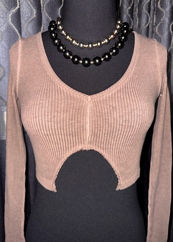 V Yakalı Bej Uzun Kollu Triko Kazak - Görsel 4