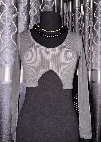 Gri Örgü Fitilli Uzun Kollu Goth Kazak - Görsel 5