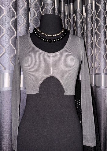 Gri Örgü Fitilli Uzun Kollu Goth Kazak - Görsel 4