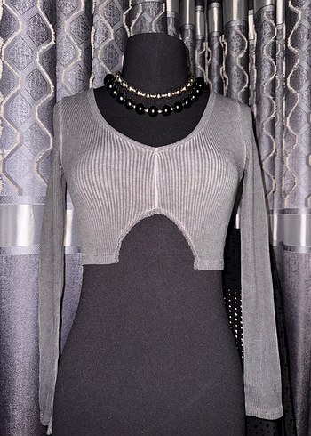 Gri Örgü Fitilli Uzun Kollu Goth Kazak - Görsel 6