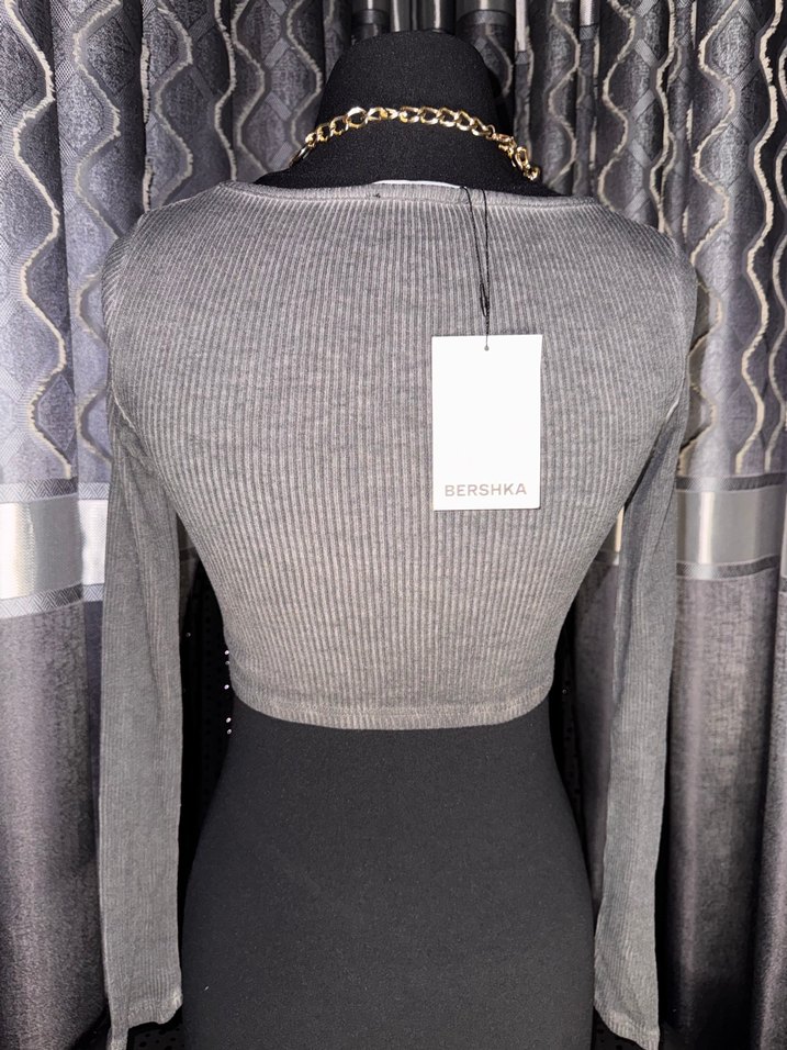 Gri Örgü Fitilli Uzun Kollu Goth Kazak - Görsel 3