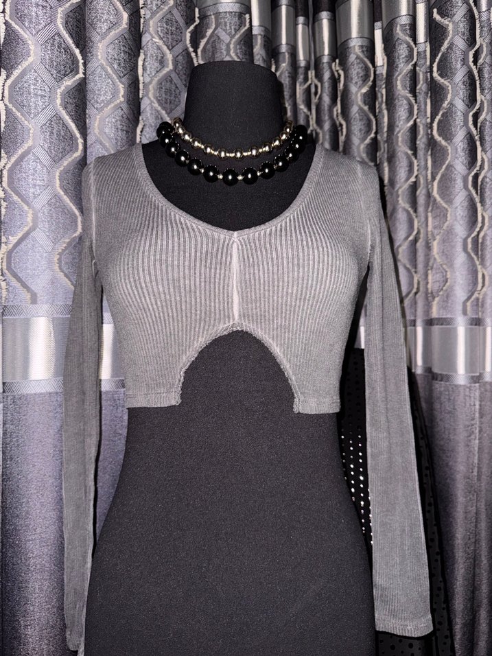 Gri Örgü Fitilli Uzun Kollu Goth Kazak - Görsel 4