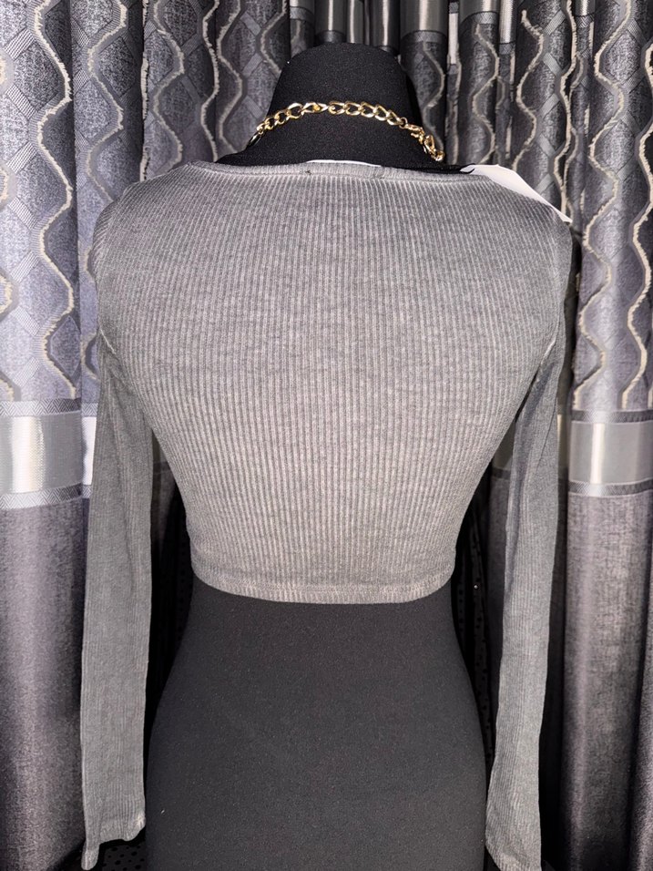 Gri Örgü Fitilli Uzun Kollu Goth Kazak - Görsel 2